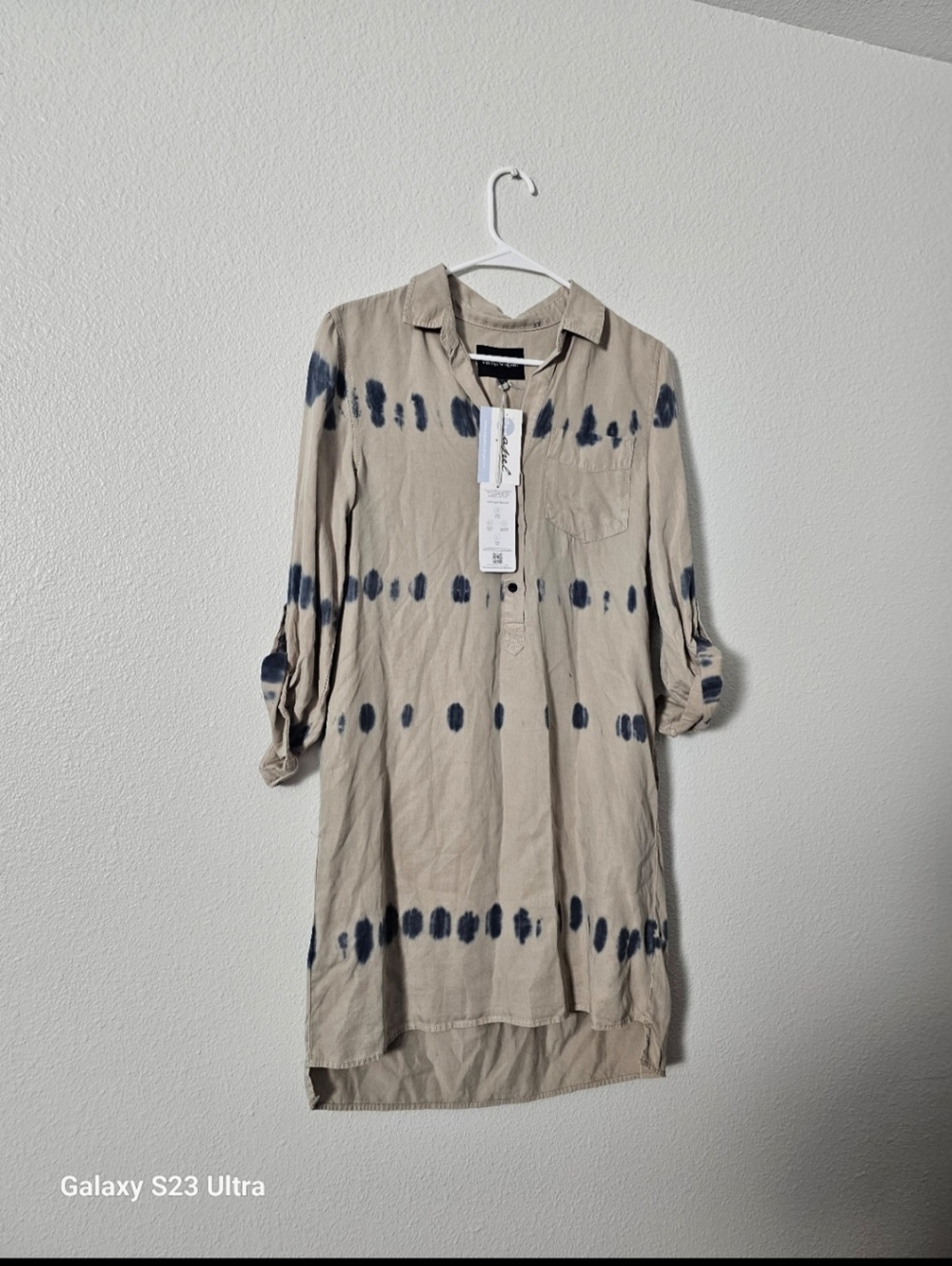 Beige Tie-Dye Shirt Dress with Navy Accents Sz XS